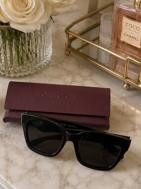 Gucci Black Square Women's Sunglasses with Gold Logo Accent Gucci GG1338S 001
